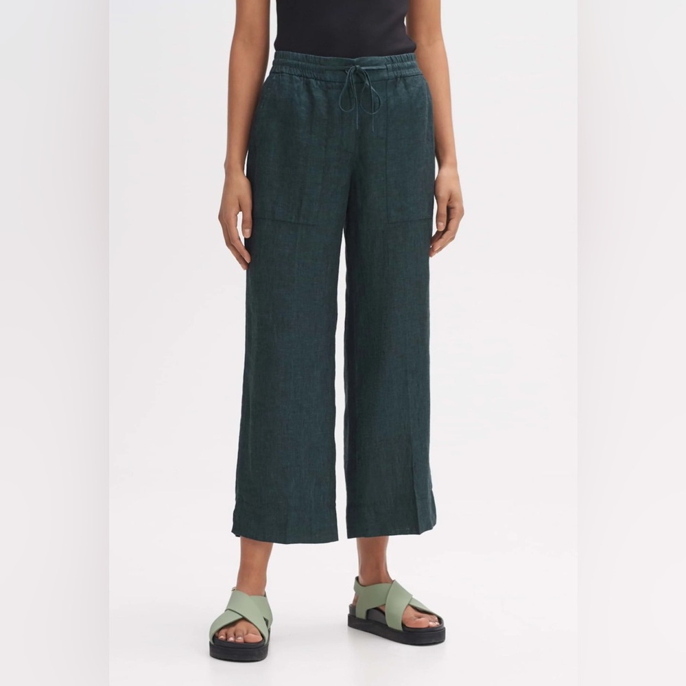 OPUS Linen Madeka Fresh Wide Leg Cropped Trousers Pants in Dark Emerald Size 38